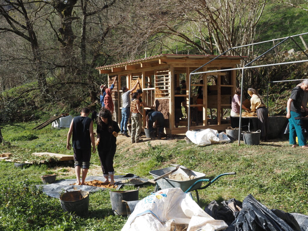 A wooden construction in the nature, young people working