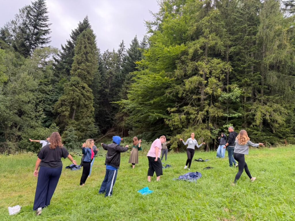 a group practicing body exercisers on a mountain meadow